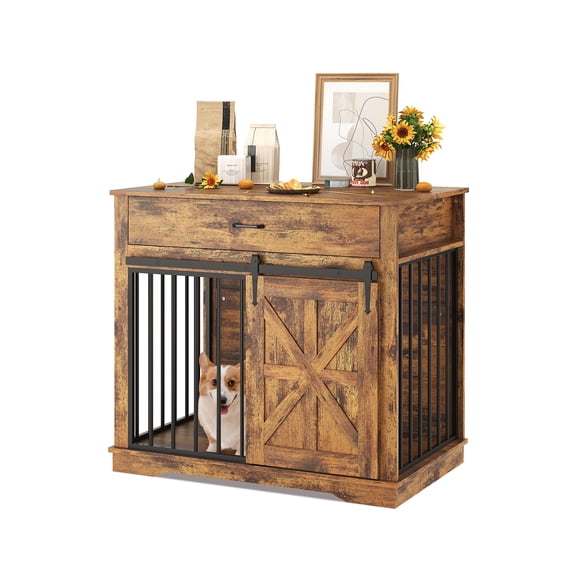 Stylish Barn Door Dog Crate & Side Table - 37.8” Pet House with Rustic Front, Durable MDF Build, for Small to Large Pets, Living Room & Bedroom, Retro