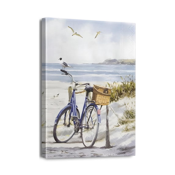 Stylish Beach Wall Art 12x16 inch Framed Bicycle Canvas Print & Seascape Painting, Ideal Addition to Coastal Bathroom Decor