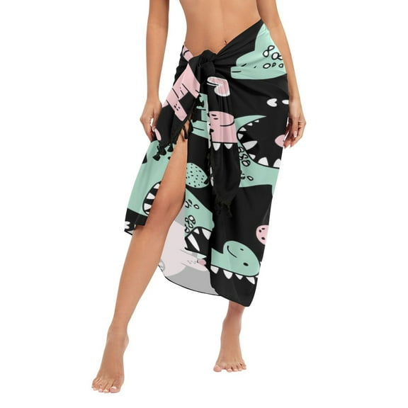 Stylish Beach Wrap Skirt Women's Beach Wrap Cover-Up for Swimwear, Dress, Shawl & Sun Protection Pink and Green Dinosaurs
