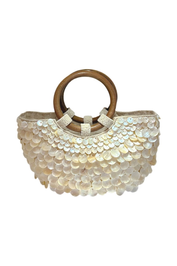 Stylish Beaded Top Handle Purse Summer Beach Bag with Wooden Detail Handbag