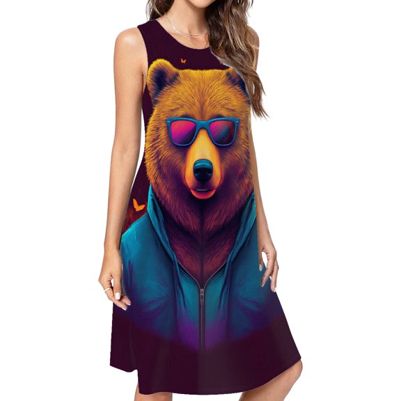 Stylish Bear In Sunglasses Casual Sleeveless Loose Sundress Dress For Women Summer Dress Daily Woman