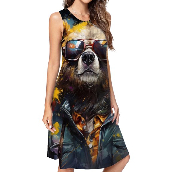 Stylish Bear In Sunglasses Dress Loose Women'S Dress Beach Dresses With Pockets Dresses For Womens