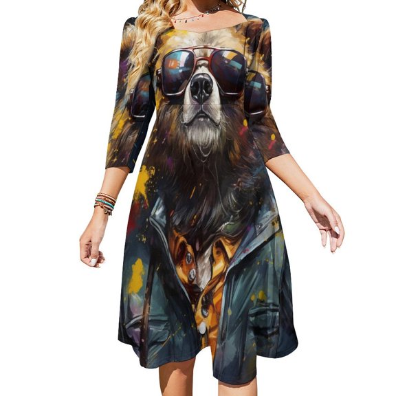Stylish Bear in Sunglasses Flare Dress Square Neck Dress Elegant Female Fashion Printed Dress