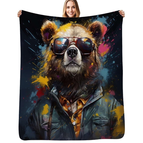 Stylish Bear in Sunglasses Soft Blanket Travel Bedding Throws Flannel Bedspread Sofa Bed Cover