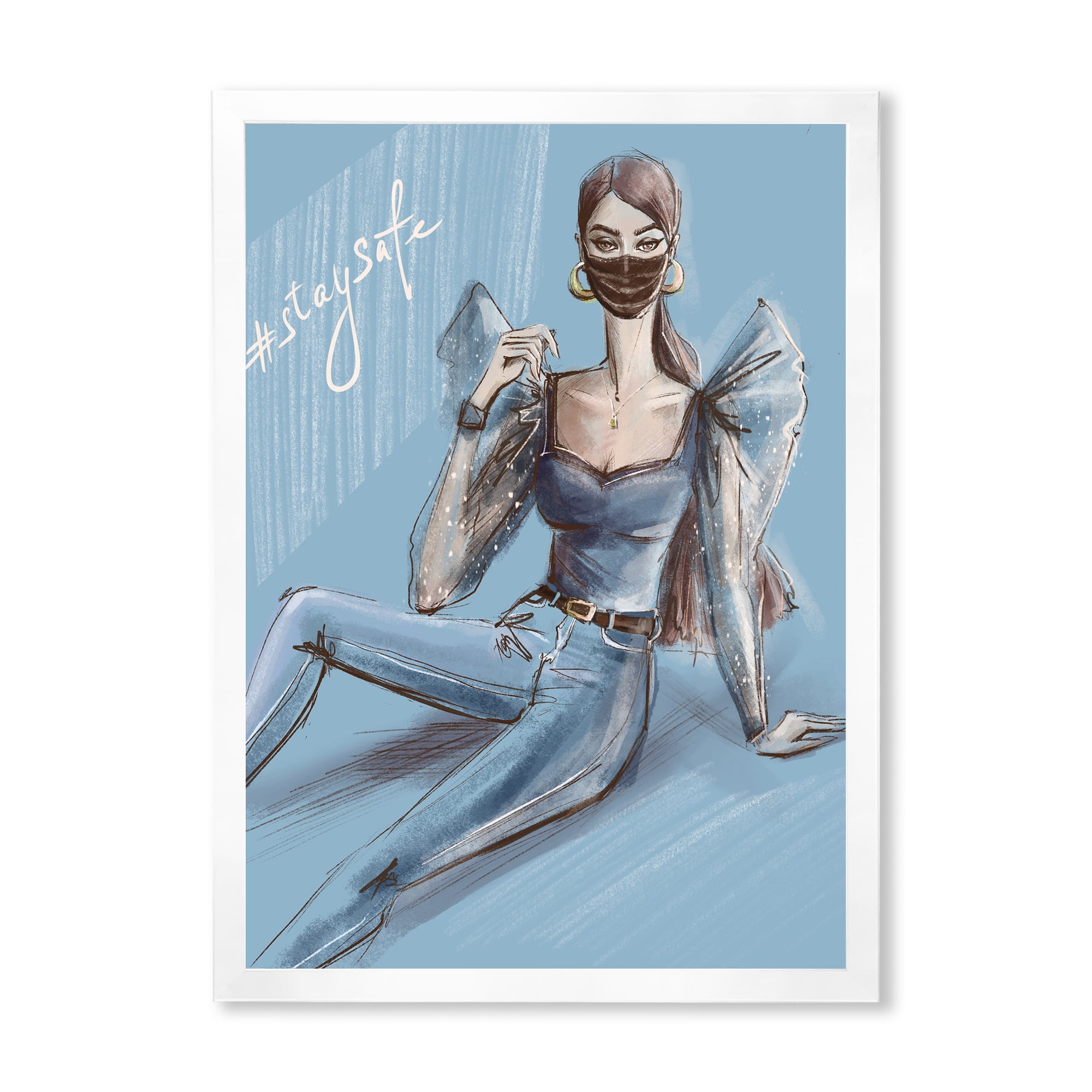 Stylish Beautiful Woman Wearing Medical Mask 12 in x 20 in Framed Painting Canvas Art Print, by Designart