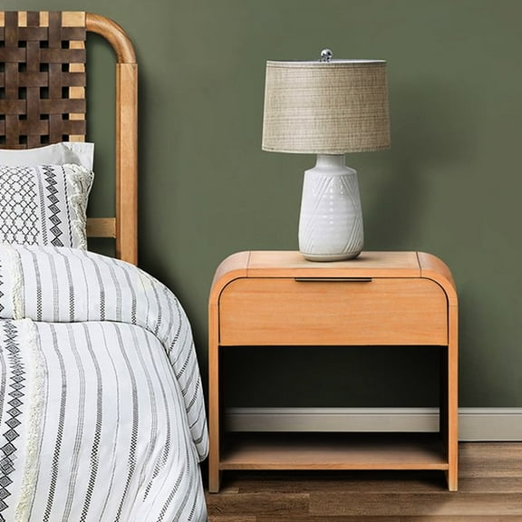 Stylish Bedroom Nightstand With Metal Accents And Storage Area Curved Silhouette Glides