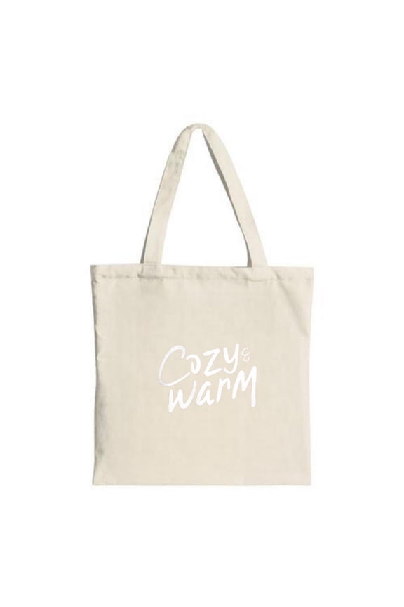 Stylish Beige Canvas Tote Bag with " Cozy Warm " in Elegant Cursive - Perfect for Shopping Travel and Parties