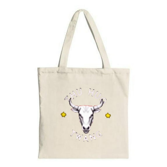 Stylish Beige Canvas Tote Bag with White ' HUI ' & ' THANG ' in Pink Surrounded by Yellow Stars - Perfect for Shopping & Travel