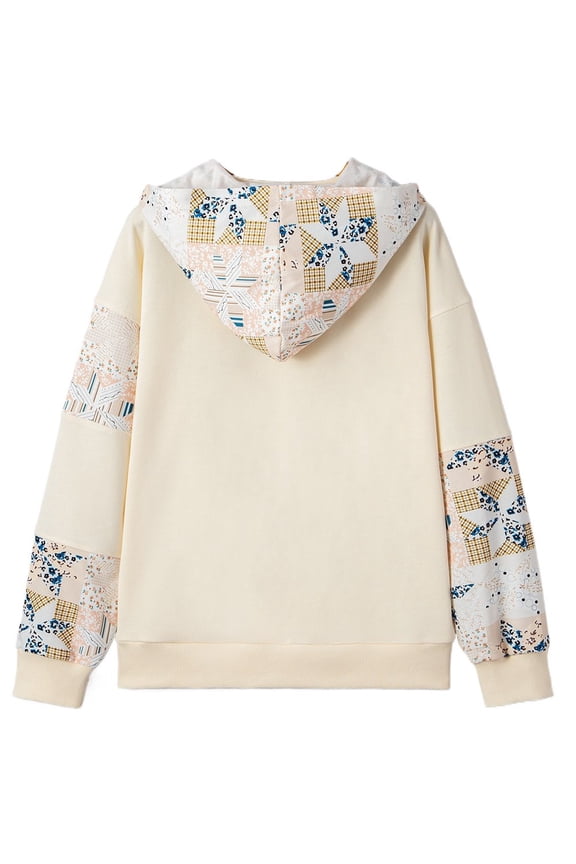 Stylish Beige Hoodie with Western Print and Patchwork Design for Daily Wear - [ZhiHiMeRi] | M