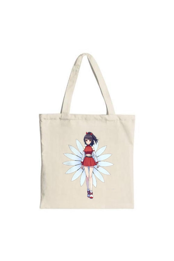 Stylish Beige Tote Bag featuring a in a red dress with dark hair standing before a large white flower Perfect for shopping and travel