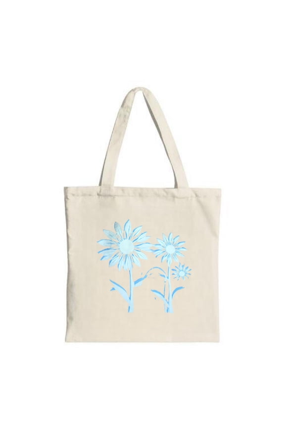 Stylish Beige Tote Bag with Blue Flower Design Long Green Stems Perfect for Shopping Travel and Parties - Reusable Canvas Bag