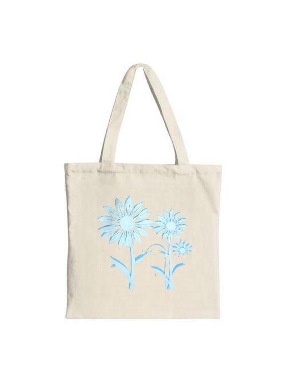 Stylish Beige Tote Bag with Blue Flower Design Long Green Stems Perfect for Shopping Travel and Parties - Reusable Canvas Bag