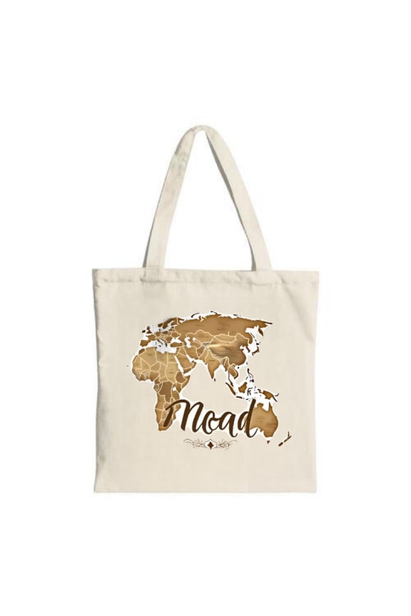 Stylish Beige Tote Bag with Brown World Map Design Cursive ' Noad ' Text Perfect for Shopping Travel and Parties