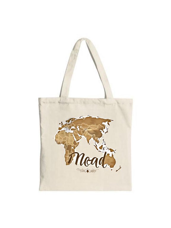 Stylish Beige Tote Bag with Brown World Map Design Cursive ' Noad ' Text Perfect for Shopping Travel and Parties