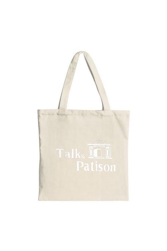 Stylish Beige Tote Bag with Two Handles Featuring a Chic Stylized Building ' Talk & Patison ' Text - Perfect for Shopping and Travel