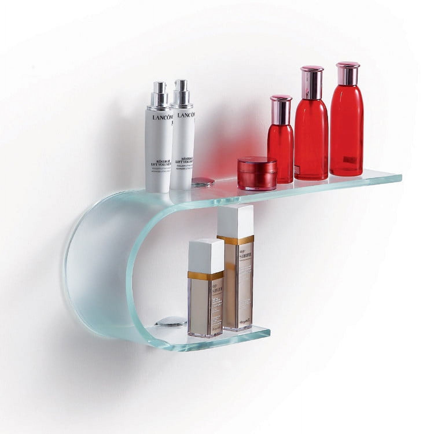 Bathroom Wall Mounted Clear Glass Shelf With Chrome Supports - Curved Edge