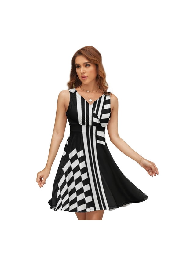 Stylish Black And White Check And Stripes Dress Fashion Beach Long Dresses Female Party Printed Sundress