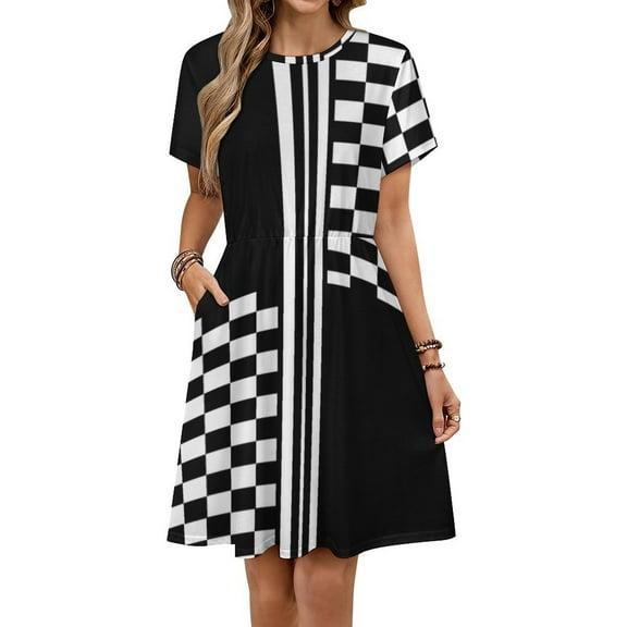 Stylish Black And White Check And Stripes Dress Summer Street Style Dresses Female Short Sleeve Printed Sundress