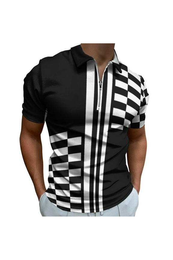 Stylish Black And White Check And Stripes Men Zipper T-shirt Summer Casual Short Sleeve T-shirt Top