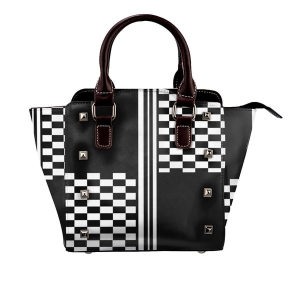 Stylish Black And White Check And Stripes Rivet Fashion One-Shoulder Women's Handbag Tote Bag