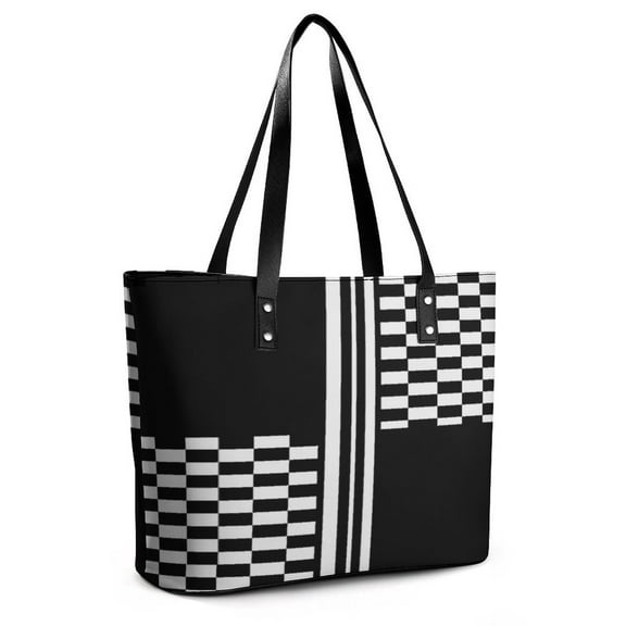 Stylish Black And White Check And Stripes Woman Leather Handbags Large Tote Bag Fashion Portable Handbags With Zipper