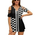 thumbnail image 1 of Stylish Black And White Check And Stripes Womens Summer V Neck Zipper Top Short Sleeve T Shirt Off Shoulder Top Casual Classy Loose Shirts, 1 of 7