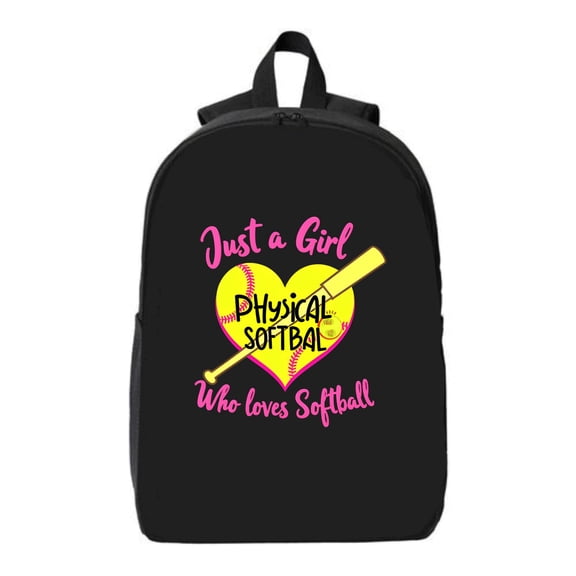 Stylish Black Backpack with Softball Graphic: Yellow Heart Bat & " Just a Who Loves Softball " - Fits 15 " Laptop & iPad