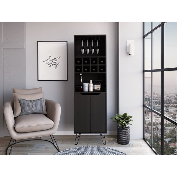 Stylish Black Bar Cabinet With 8 And Guardrail Modern Compartment Metal