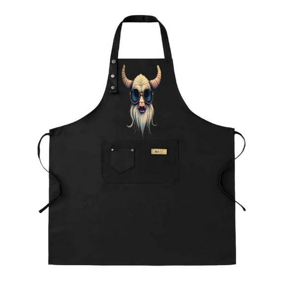 Stylish Black Bib Apron 2-Pack with Colorful Horned Figure Design Adjustable Straps 2 Pockets - Perfect for Cooking & Chefs