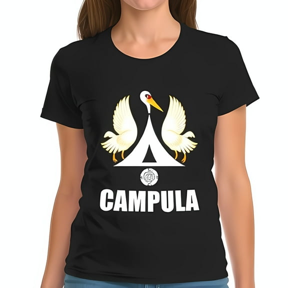 Stylish Black Campula Cotton Short Sleeve T-Shirt with White Cranes & Tent Design - Modern Minimalist Graphic Tee