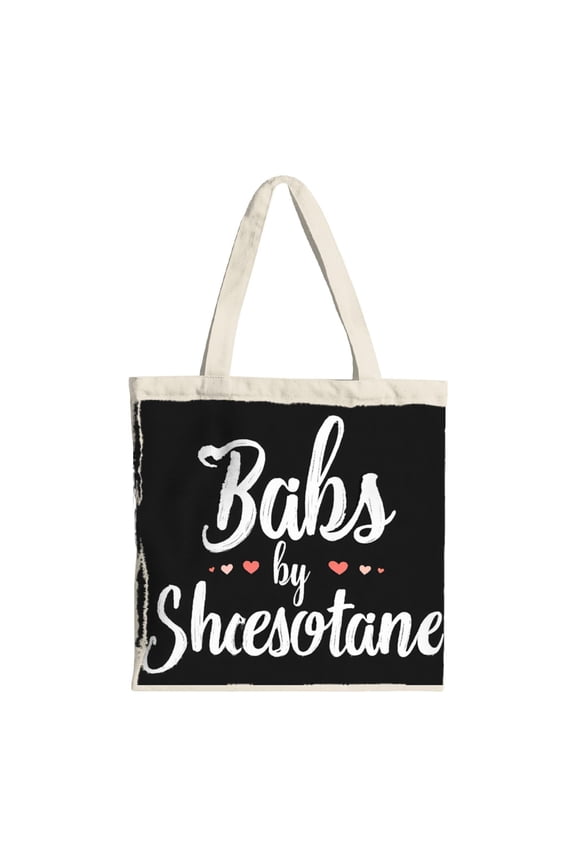 Stylish Black Canvas Tote Bag with Cursive White Text ' Babs by Shcesotane ' & Red Hearts - Perfect for Shopping Travel & Parties
