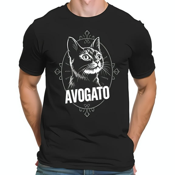 Stylish Black Cat Graphic Cotton Short Sleeve T-Shirt - Monochrome Design with Ornate & 'AVOGATO' Text