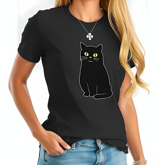 Stylish Black Cat Graphic Cotton Short Sleeve T-Shirt with Green Eyes - Casual Women's Tee