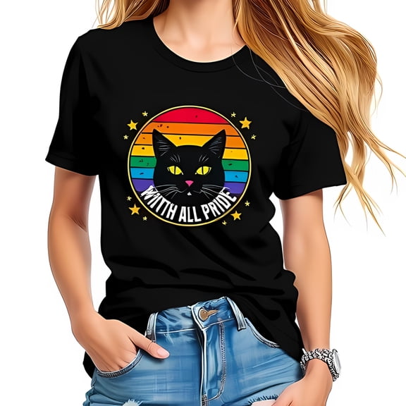 Stylish Black Cat Graphic T-Shirt with Rainbow Background & Stars - " WITH ALL PRIDE " Cotton Short Sleeve Tee
