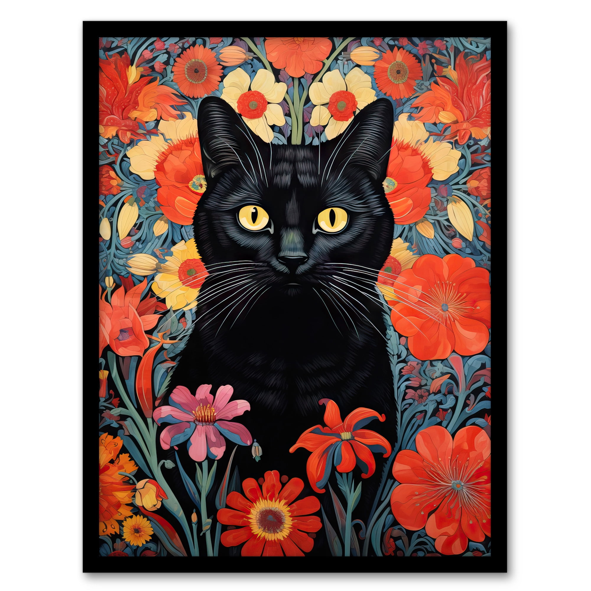 Stylish Black Cat On Red Flowers Floral Design Illustration Lucky Witch ...