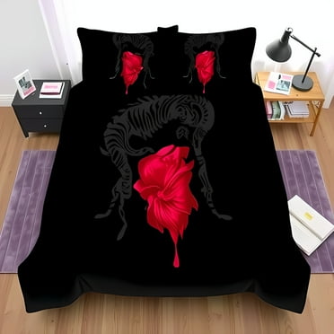 Stylish Black Comforter Set with Zebra Design & Vibrant Red Roses Modern Bedding for Dramatic Bedrooms