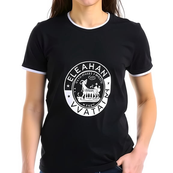 Stylish Black Cotton Short Sleeve T-Shirt with Contrasting White Neckline & Sleeves Bold 'ELEAHAN' Graphic & Star Design Casual Elegance for Any Occasion