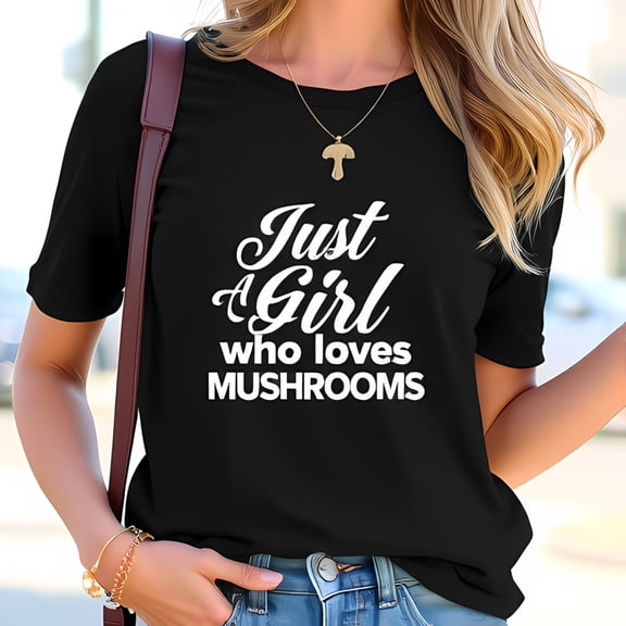 Stylish Black Cotton Short Sleeve T-Shirt - " Just a Girl Who Loves Mushrooms " in White Cursive Font