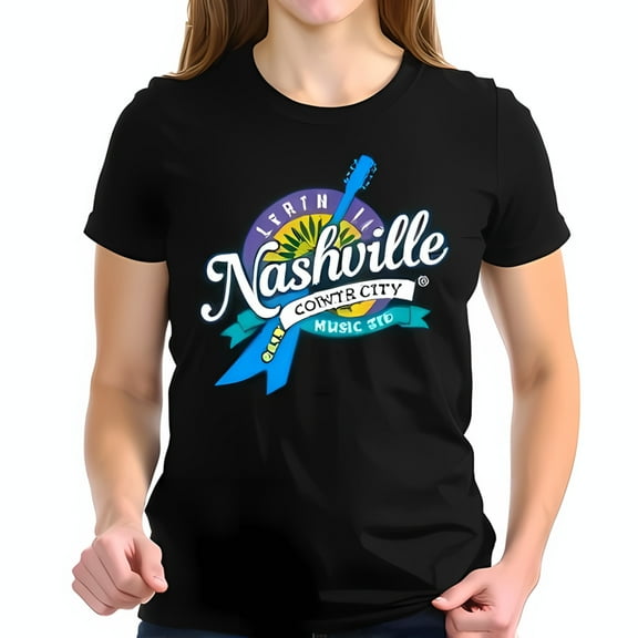 Stylish Black Cotton Short Sleeve T-Shirt with Vibrant Nashville Design - " Nashville " in White Font Blue " Music City " Ribbon Guitar & Sun Elements