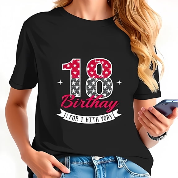 Stylish Black Cotton Short Sleeve T-Shirt for 18th Birthday Celebration - Bold Red White & Blue Star Pattern with Playful 'Birthday' Design