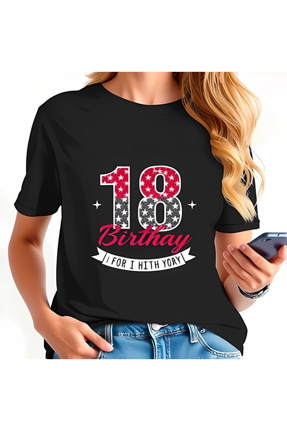 Stylish Black Cotton Short Sleeve T-Shirt for 18th Birthday Celebration - Bold Red White & Blue Star Pattern with Playful 'Birthday' Design