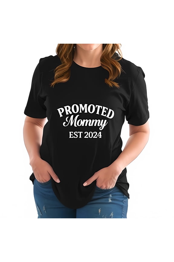 Stylish Black Cotton Short Sleeve T-Shirt for Expecting Moms - " PROMOTED Mommy EST 2024 " Bold White Design Trendy & Comfortable