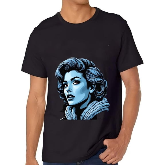 Stylish Black Cotton Short Sleeve T-Shirt for Men with Bold Blue & White Woman Portrait Graphic Design