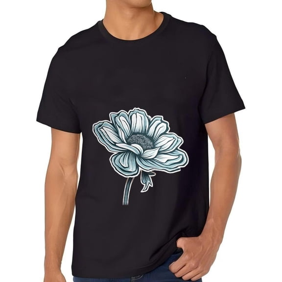 Stylish Black Cotton Short Sleeve T-Shirt for Men with Intricate White Flower Design and Symmetrical Patterns
