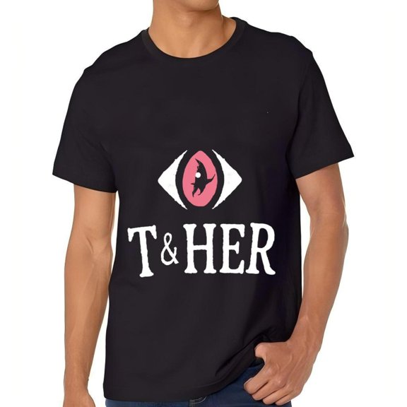 Stylish Black Cotton Short Sleeve T-Shirt for Men with Pink Eye Symbol Design and Bold ' T & HER ' Text