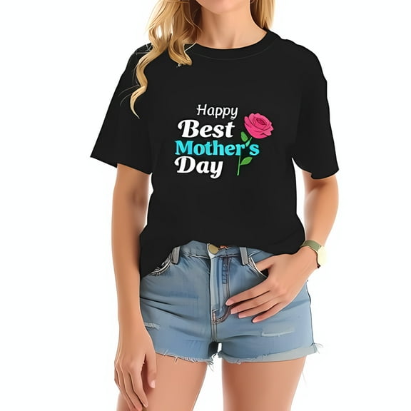 Stylish Black Cotton Short Sleeve T-Shirt for Mother's Day - " Happy Best Mother's Day " with Charming Rose Graphic