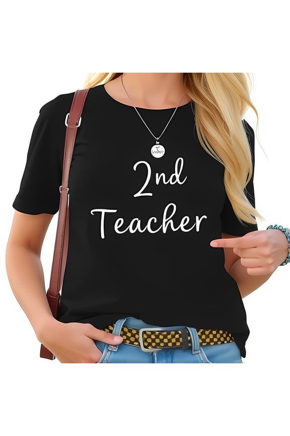 Stylish Black Cotton Short Sleeve T-Shirt with " 2nd Teacher " Design - Perfect for Educators Casual Chic Look