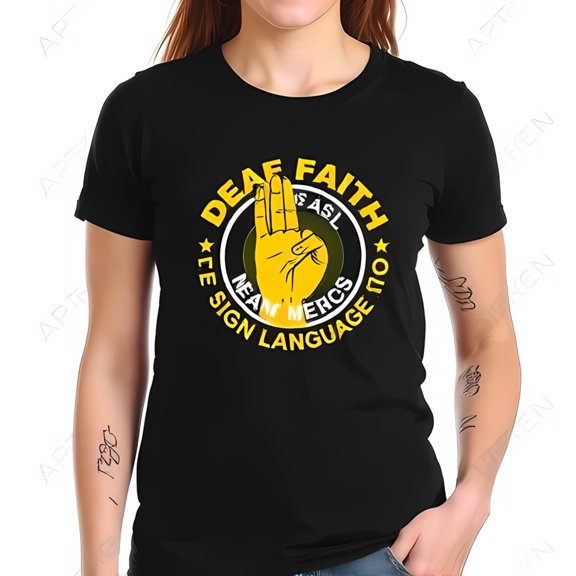 Stylish Black Cotton Short Sleeve T-Shirt with ASL Hand Design 'Deaf Faith' & 'Sign Language' Text Yellow on Dark Green Circle