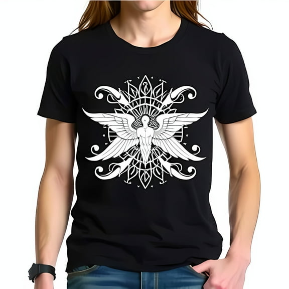 Stylish Black Cotton Short Sleeve T-Shirt with Androgynous Angel Graphic in Geometric Design