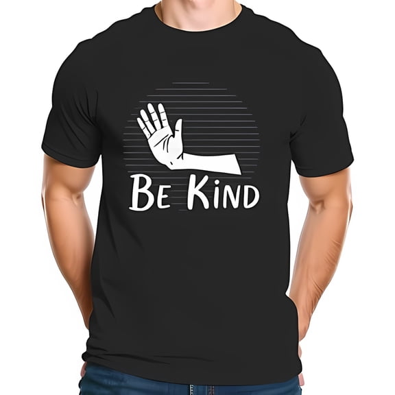Stylish Black Cotton Short Sleeve T-Shirt with 'Be Kind' Phrase & Friendly Hand Graphic - Modern Design for Positive Vibes